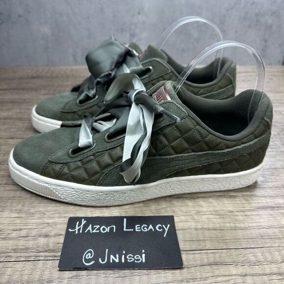 Puma~Women’s~ Olive Green Suede Basket Heart Quilted Casual Sneakers~Size 8.5 - Picture 1 of 8